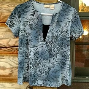 Blue and black shirt with roses print. Size small